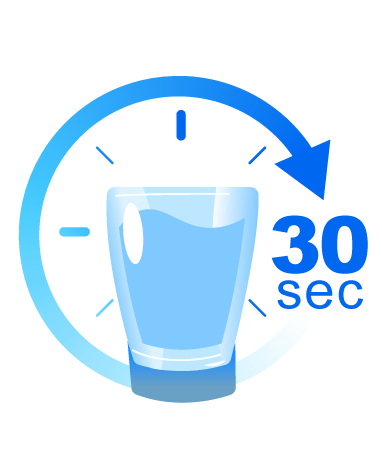 Glass of mouthwash with 30 seconds on clock
