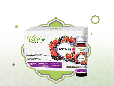 Minuman Botani Beri, Ekstrak
Bunga Mawar & Ekstrak Biji Anggur
ROSYSHINE VITAL TREASURES